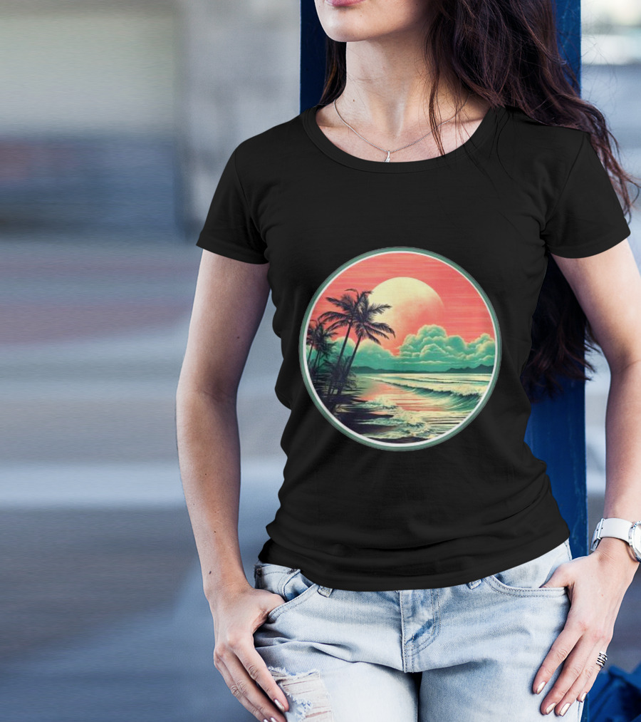 Tropical Ocean Moonscape Palms Waves Sunset Sky T-Shirt