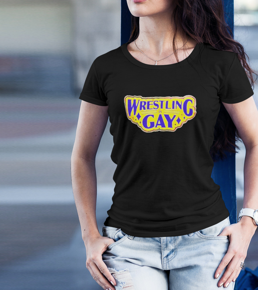 Wrestling Is Gay Emblem Bold Yellow And Purple Text T-Shirt