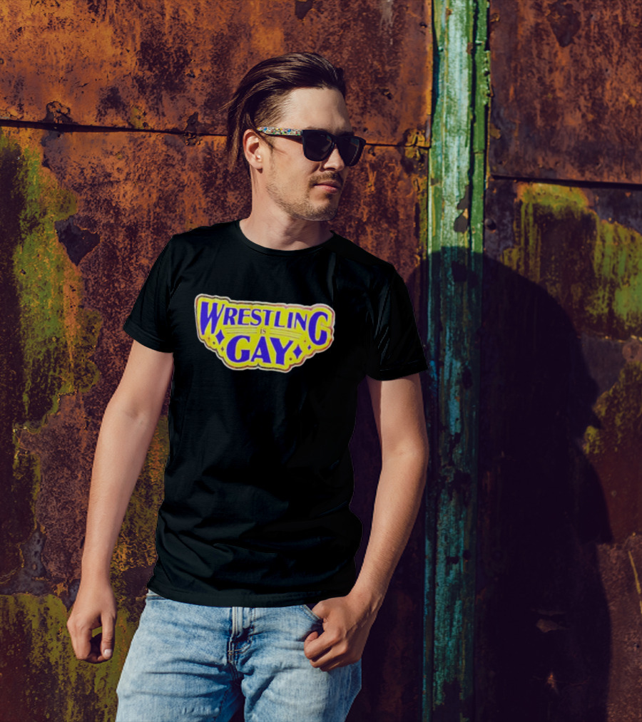 Wrestling Is Gay Emblem Bold Yellow And Purple Text T-Shirt