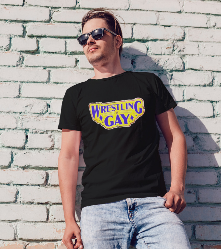 Wrestling Is Gay Emblem Bold Yellow And Purple Text T-Shirt