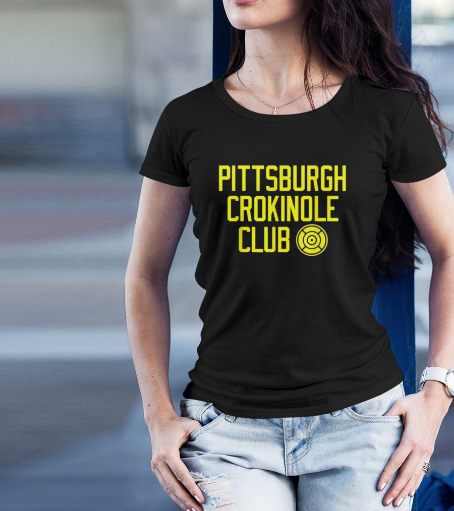 Pittsburgh Crokinole Club Yellow Text With Crokinole Disc T-Shirt