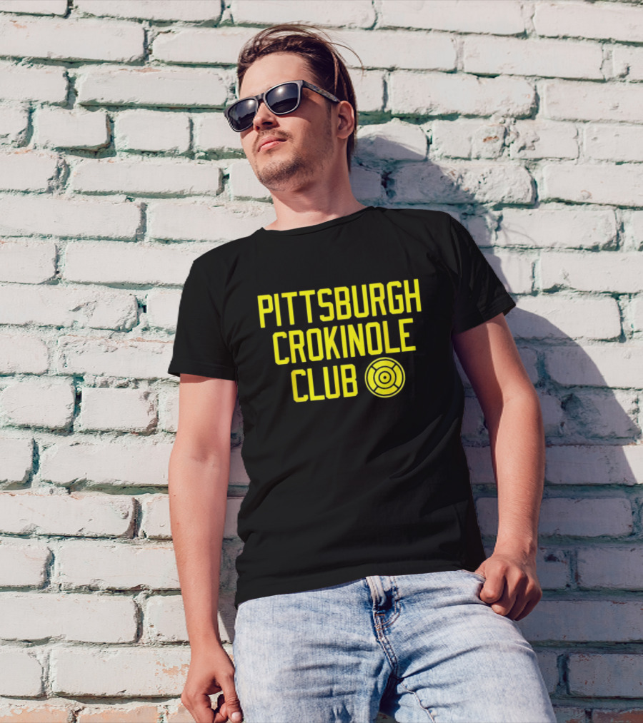 Pittsburgh Crokinole Club Yellow Text With Crokinole Disc T-Shirt