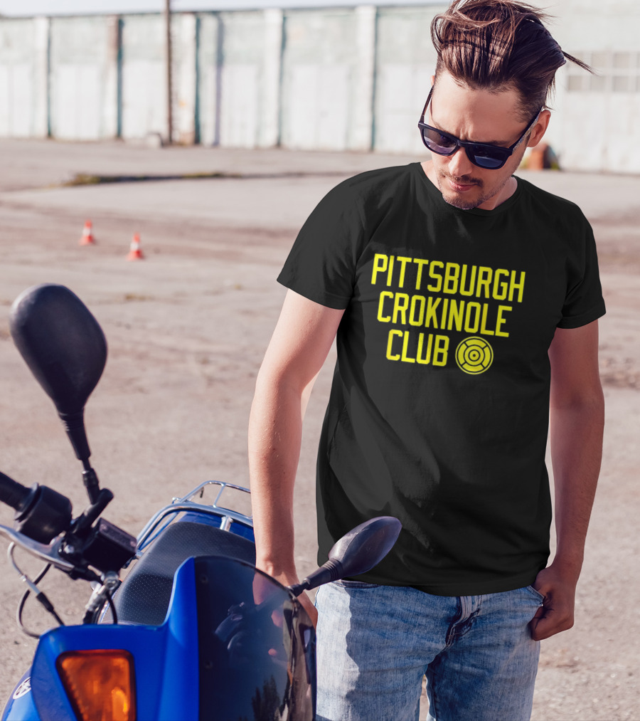 Pittsburgh Crokinole Club Yellow Text With Crokinole Disc T-Shirt