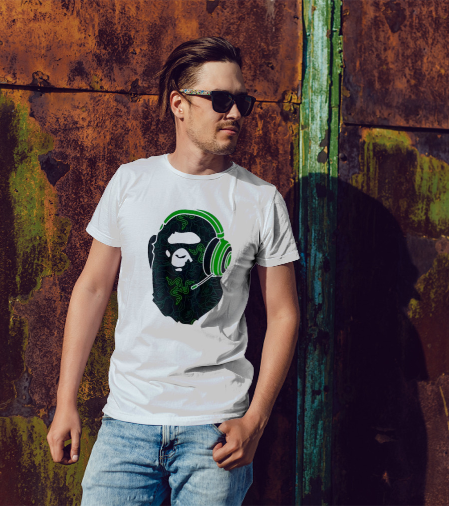 Bape X Razer Neon Camo Ape Head With Green Gaming Headset T-Shirt