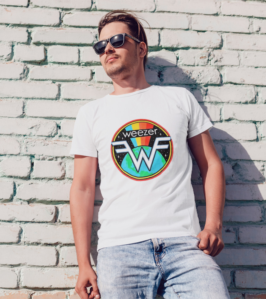 Weezer WF Earth Rainbow Alternative Rock Planet Badge T-Shirt