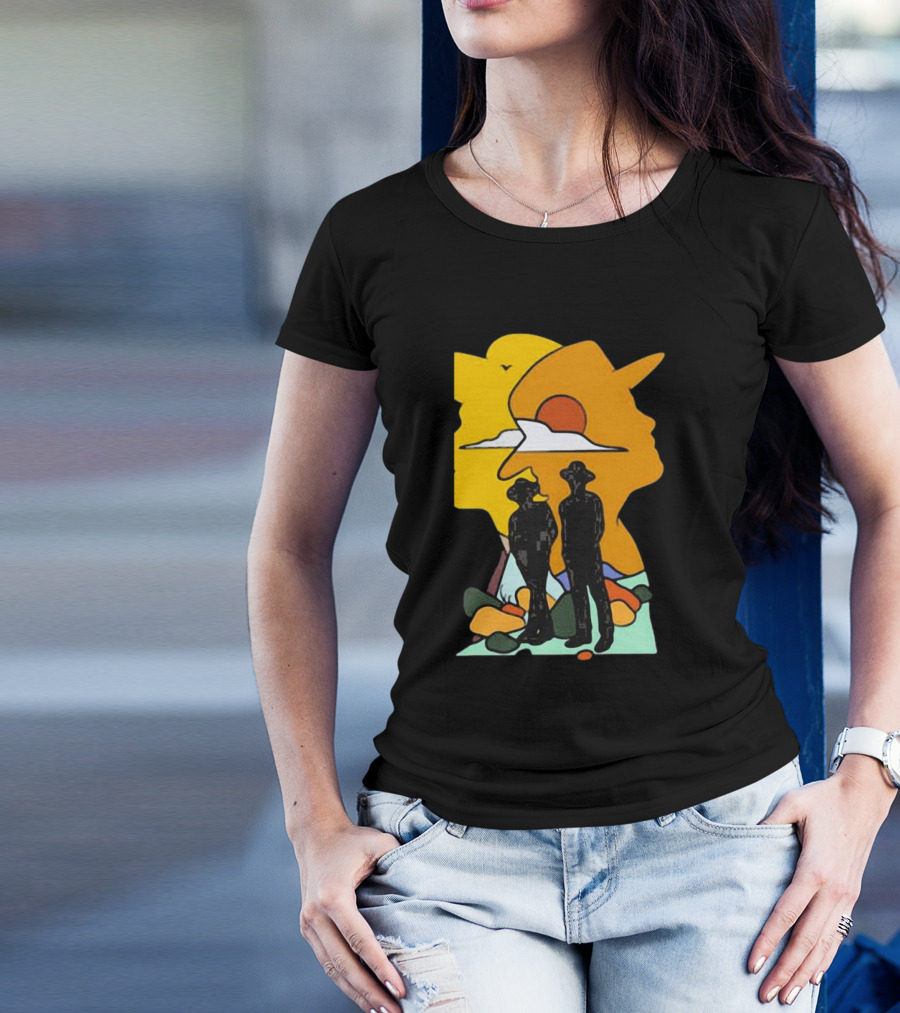 Custom Radio Company Cowboy Silhouettes Against Sunset And Mountains T-Shirt