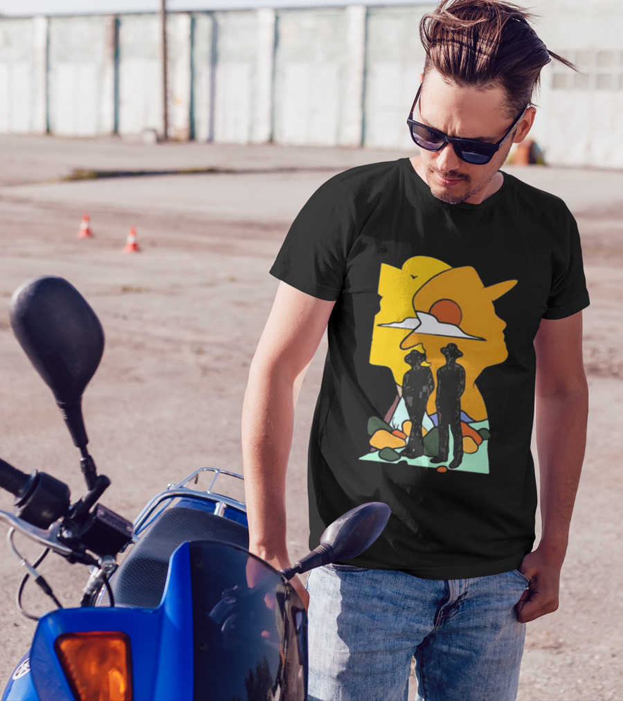 Custom Radio Company Cowboy Silhouettes Against Sunset And Mountains T-Shirt