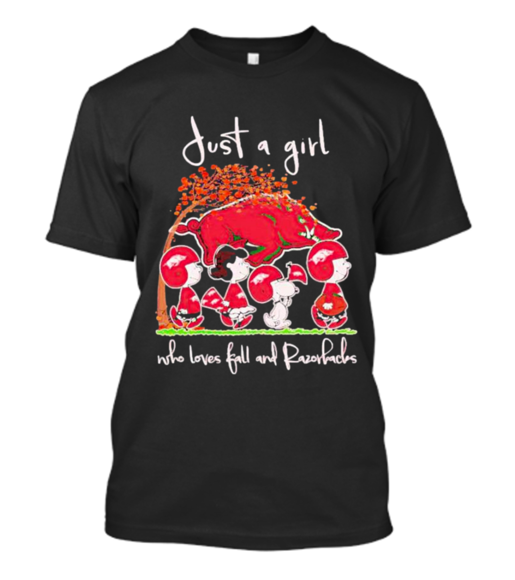 Just A Girl Who Loves Fall And Razorbacks With Peanuts Characters Under Autumn Tree T-Shirt