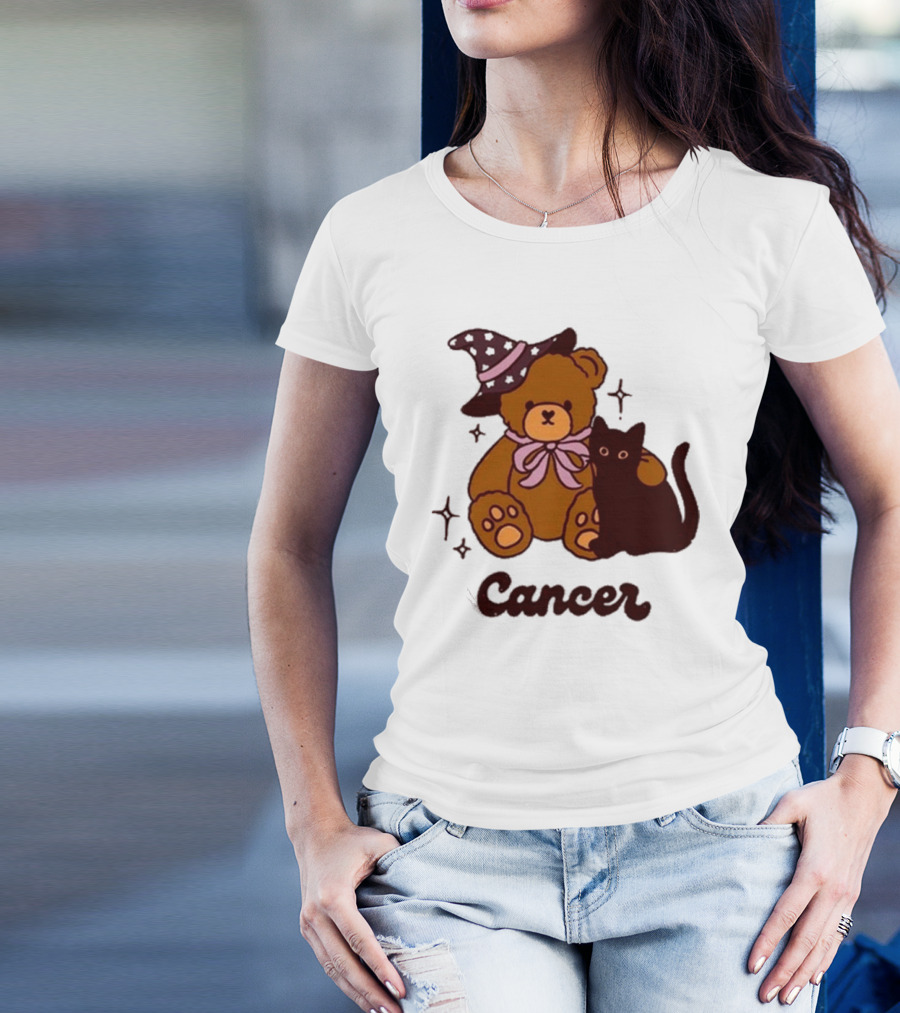 Cancer Teddy Bear With Witch Hat And Black Cat T-Shirt