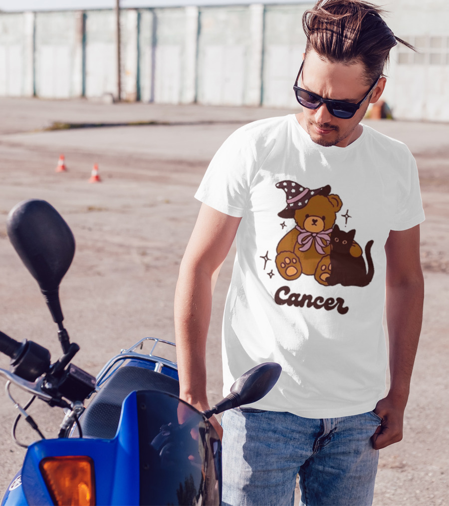 Cancer Teddy Bear With Witch Hat And Black Cat T-Shirt