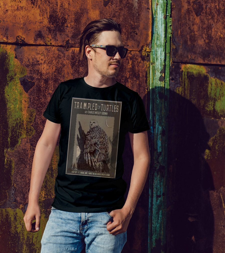 Trampled By Turtles With Charles Wesley Godwin Dubuque Iowa Midwest One Iron Works Sept 15 Owl And Crescent Moon T-Shirt