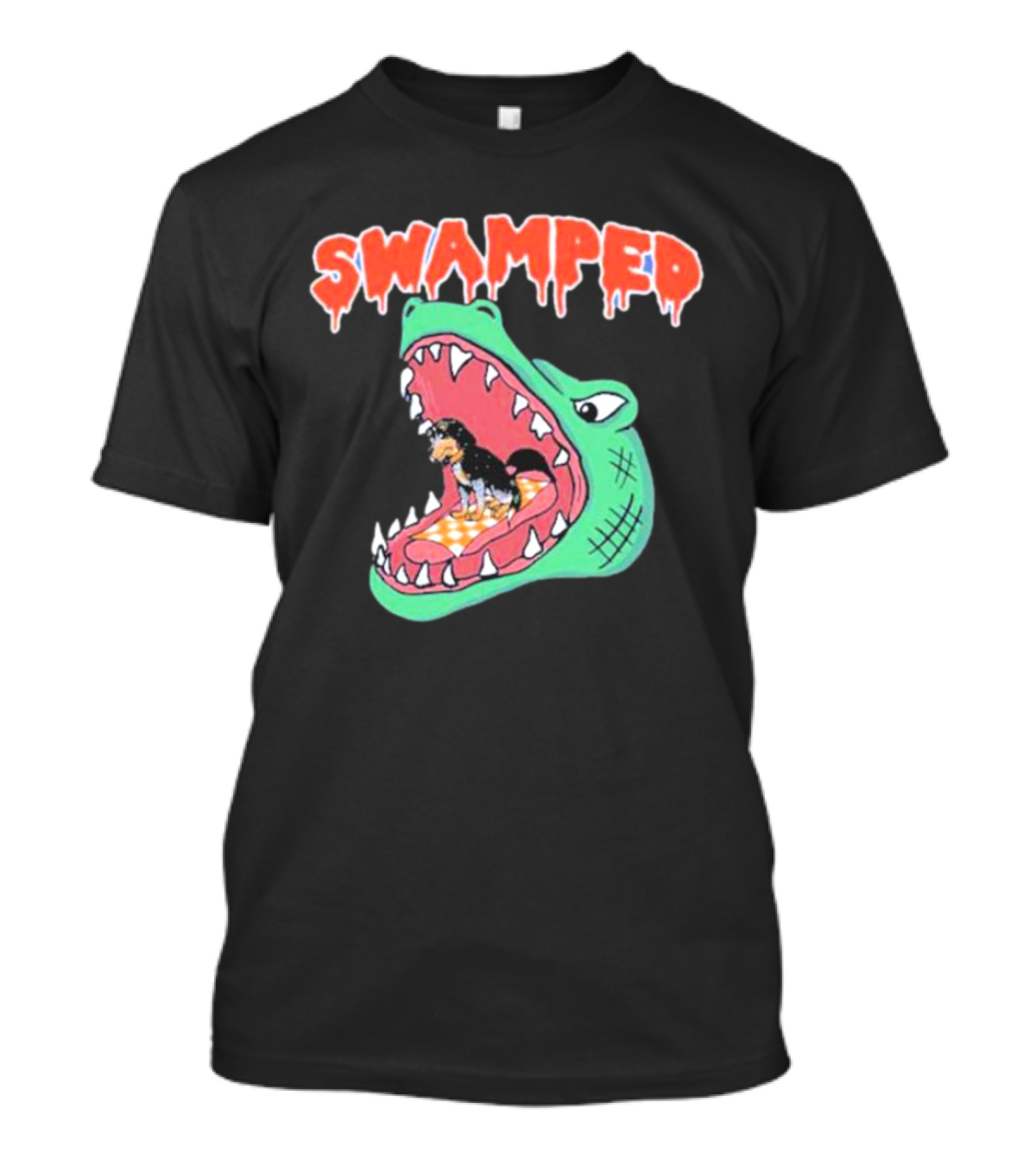 Swamped Alligator Cartoon With Small Dog In Mouth T-Shirt