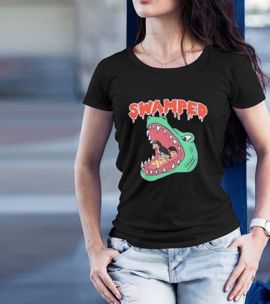Swamped Alligator Cartoon With Small Dog In Mouth T-Shirt