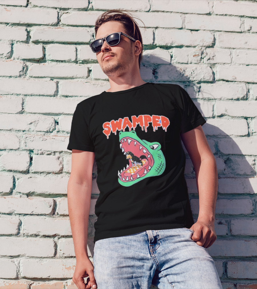 Swamped Alligator Cartoon With Small Dog In Mouth T-Shirt