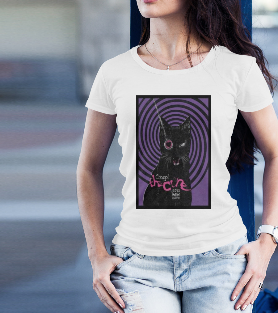 Chicago The Cure 9.22.23 Riot Fest Douglass Park Cat With Spiral Background T-Shirt