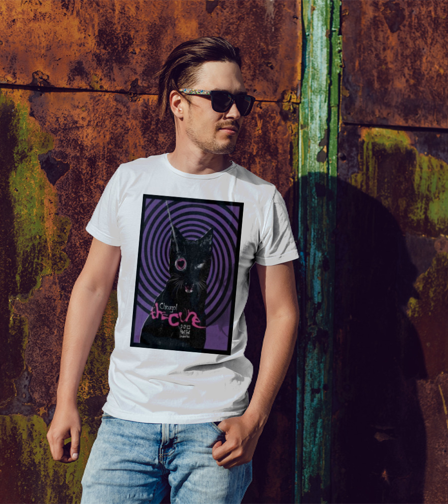 Chicago The Cure 9.22.23 Riot Fest Douglass Park Cat With Spiral Background T-Shirt