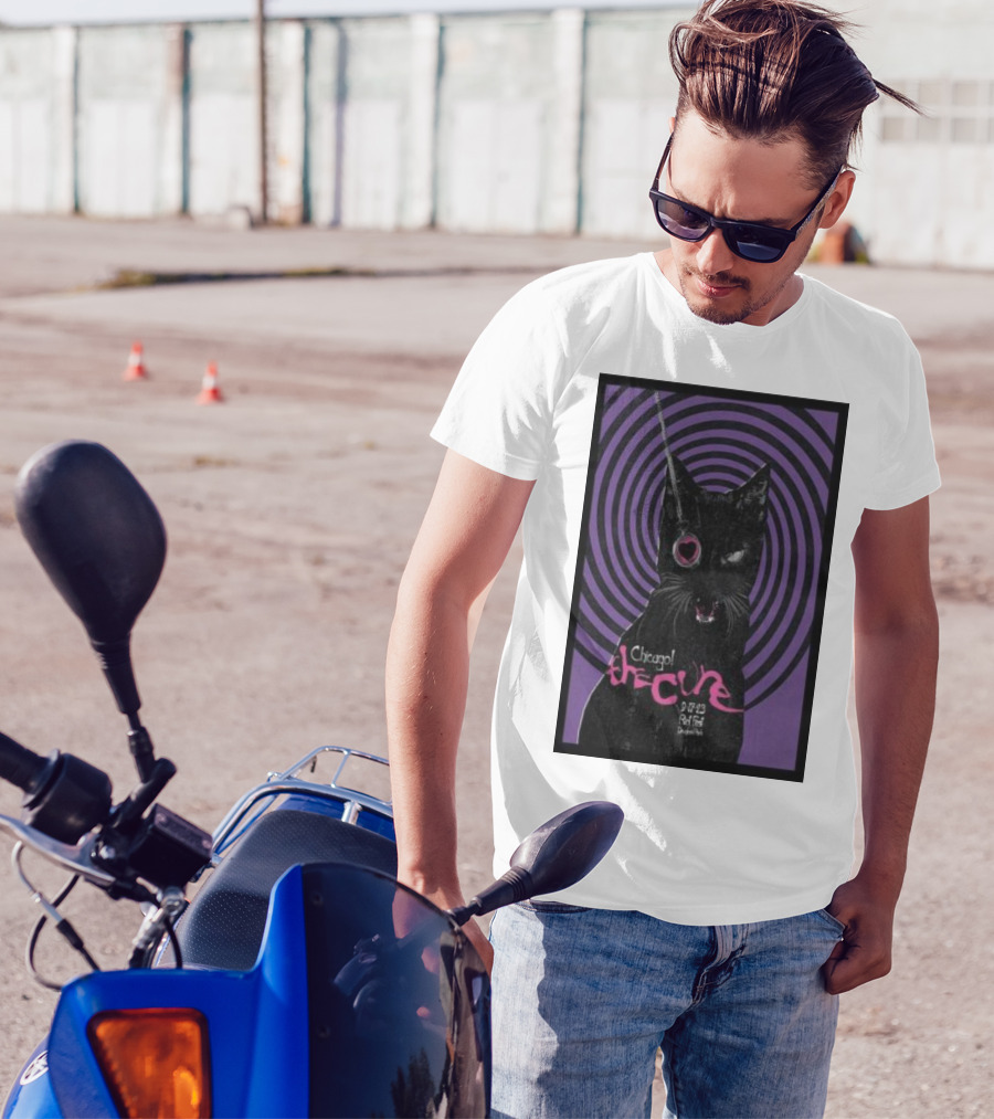 Chicago The Cure 9.22.23 Riot Fest Douglass Park Cat With Spiral Background T-Shirt