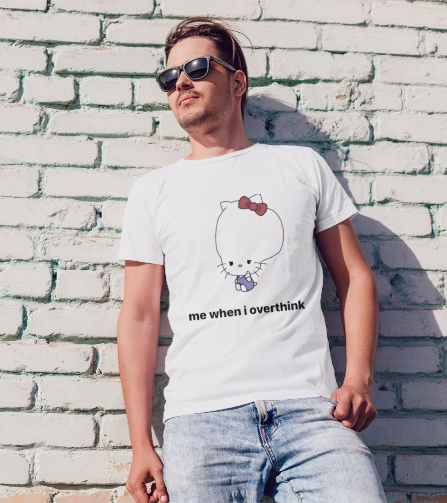 Me When I Overthink Kitty Red Bow Blue T-Shirt