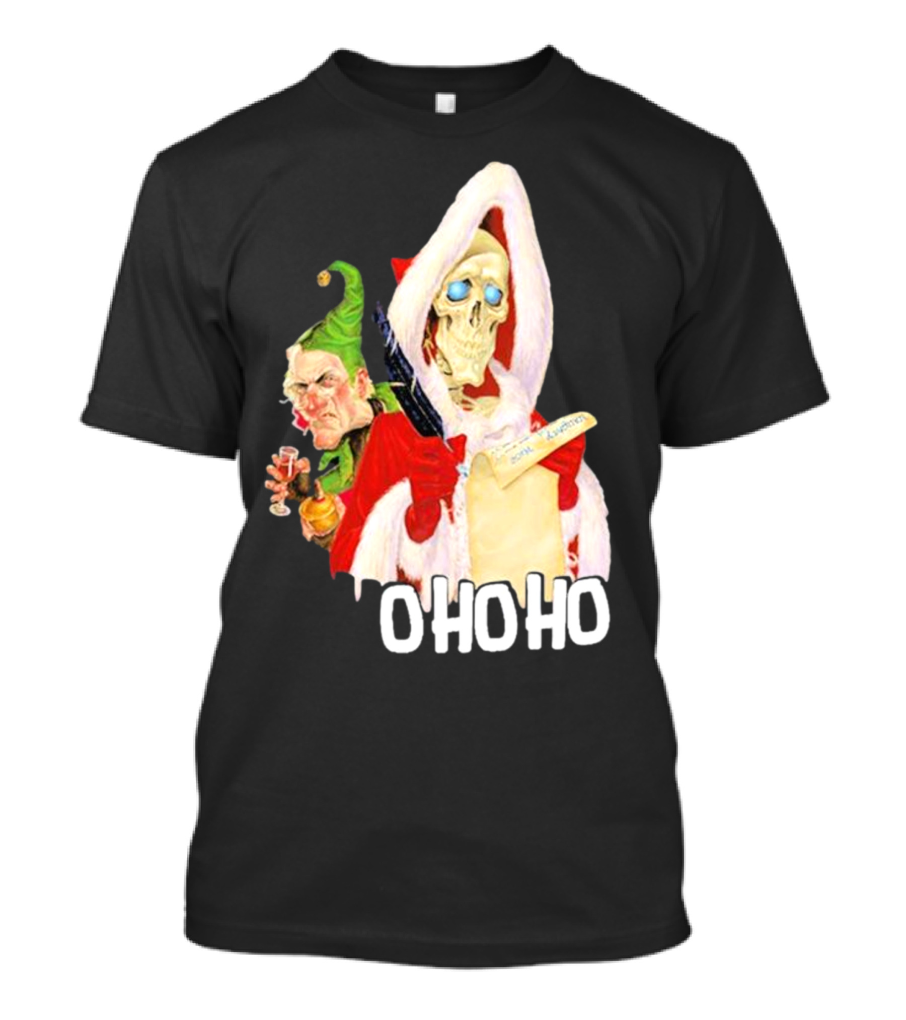 Death With Albert Skeleton Santa And Grumpy Elf Ho Ho Ho T-Shirt