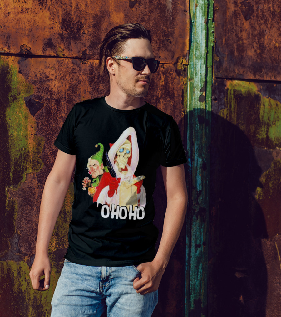 Death With Albert Skeleton Santa And Grumpy Elf Ho Ho Ho T-Shirt