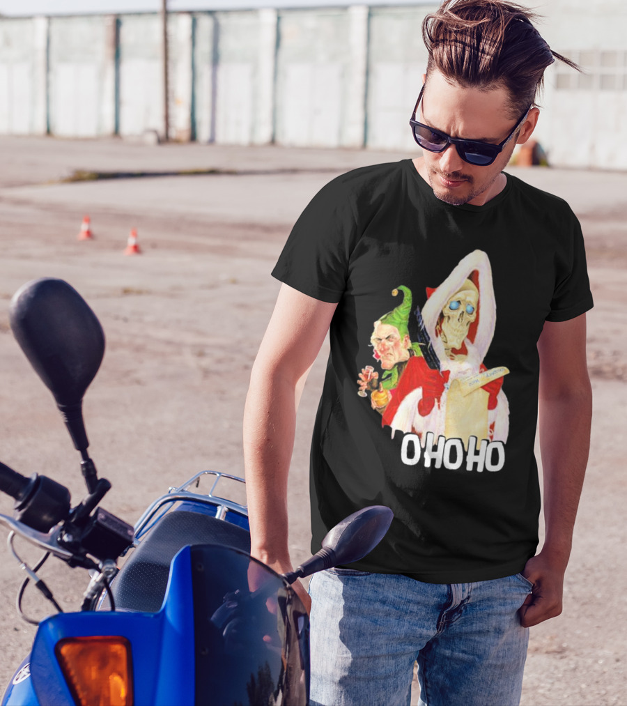 Death With Albert Skeleton Santa And Grumpy Elf Ho Ho Ho T-Shirt
