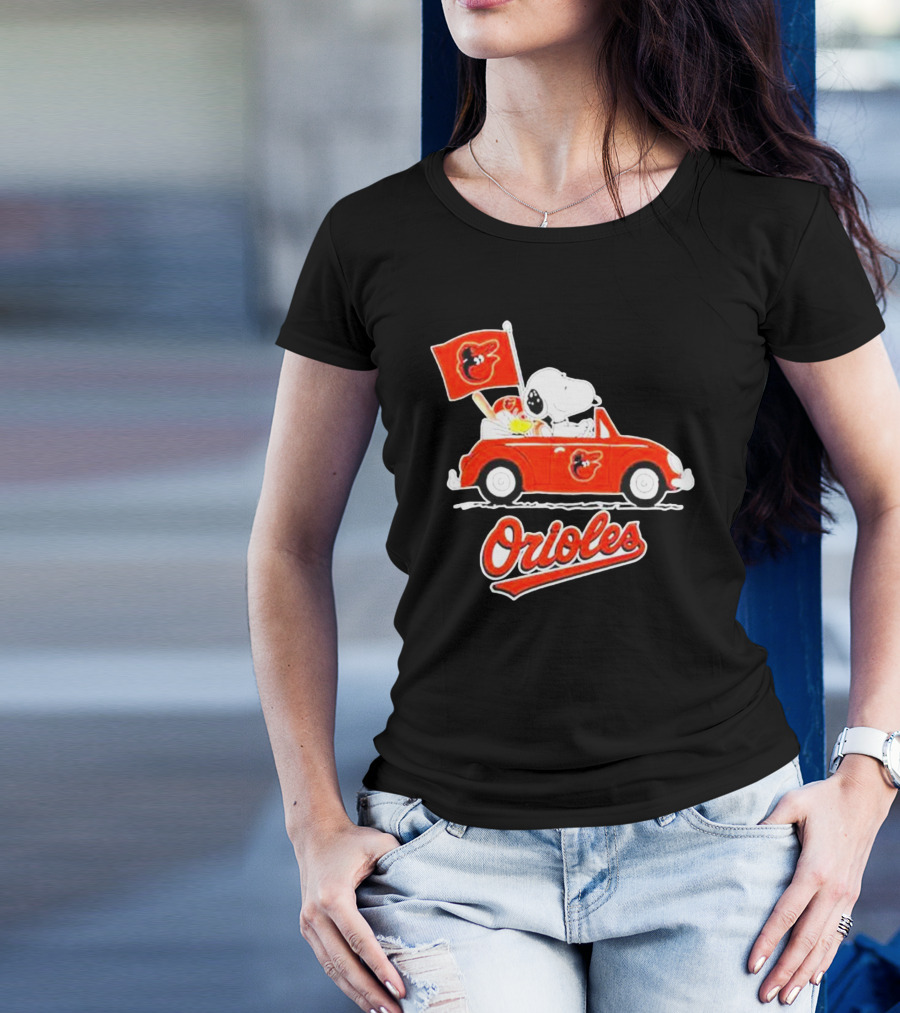 Snoopy Driving Red Car With Baltimore Orioles Flag And Orioles Text T-Shirt