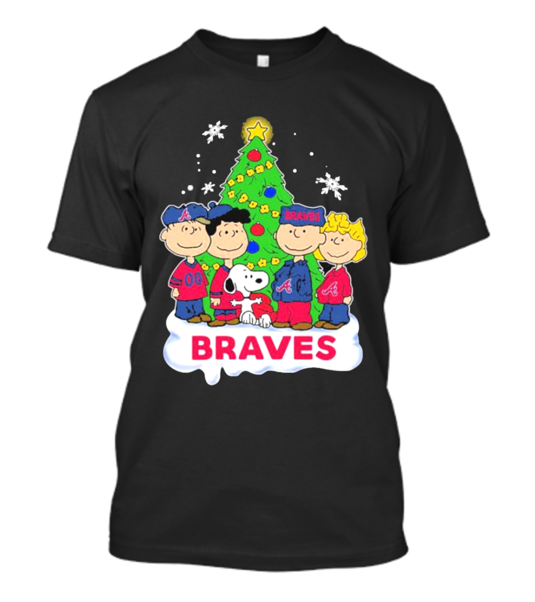 Atlanta Braves Peanuts Christmas Tree With Snoopy Characters T-Shirt