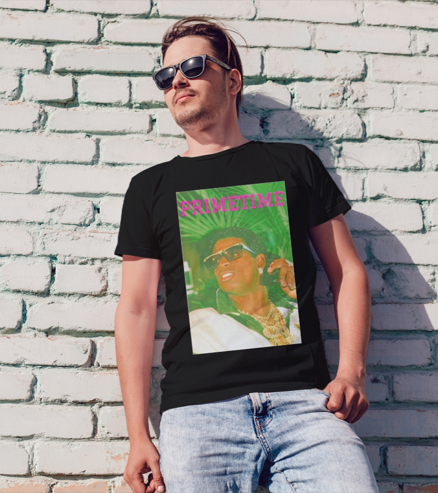 PRIMETIME Deion Sanders Sunglasses Gold Chains Retro Vibe T-Shirt
