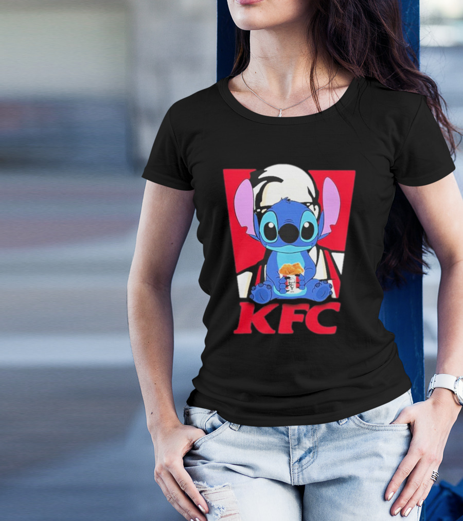 Stitch Eating KFC With Logo Background T-Shirt