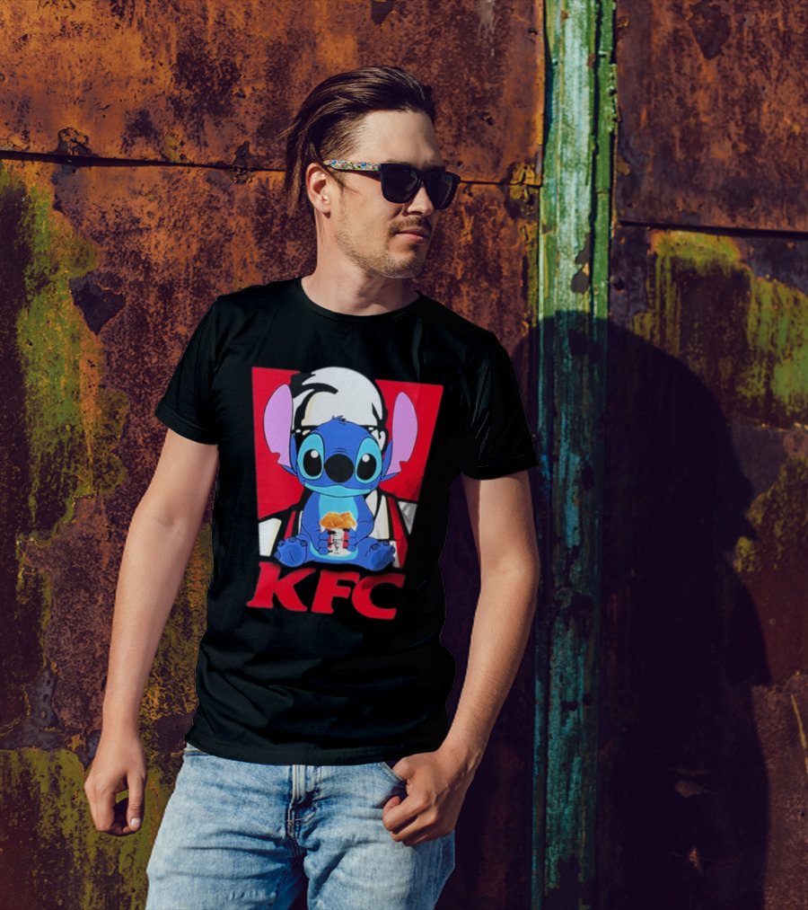 Stitch Eating KFC With Logo Background T-Shirt