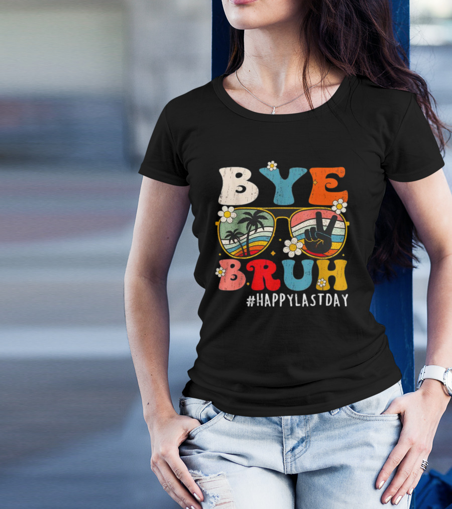 Bye Bruh Palm Tree Peace Sign Sunglasses Retro Vibe T-Shirt