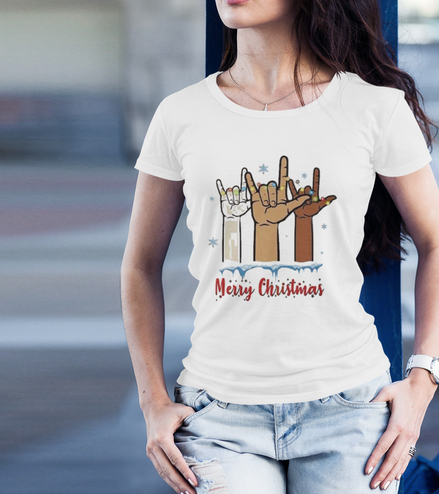 Merry Christmas Hand Sign Language Celebration With Lights And Snowflakes T-Shirt