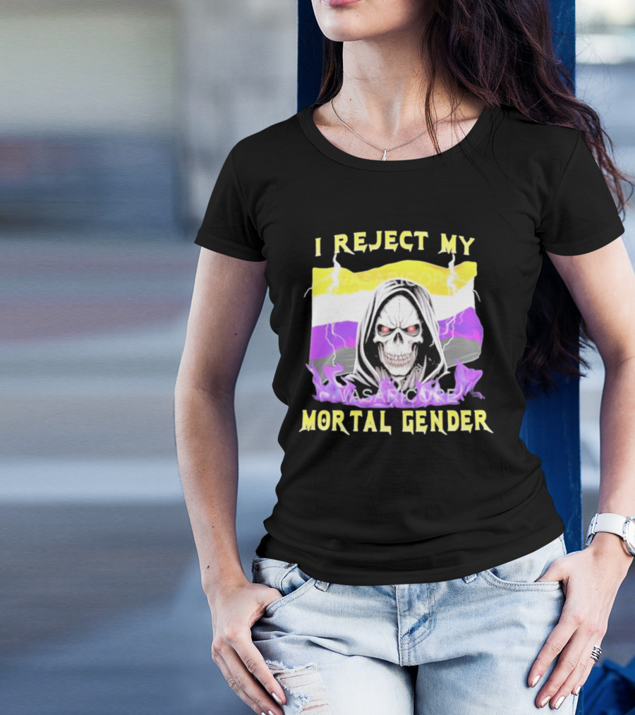 I Reject My Mortal Gender Nonbinary Skull With Hood And Lightning T-Shirt