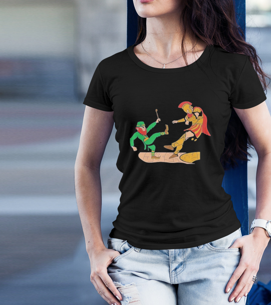 Notre Dame Leprechaun Vs. Trojan Warrior Kick Battle T-Shirt