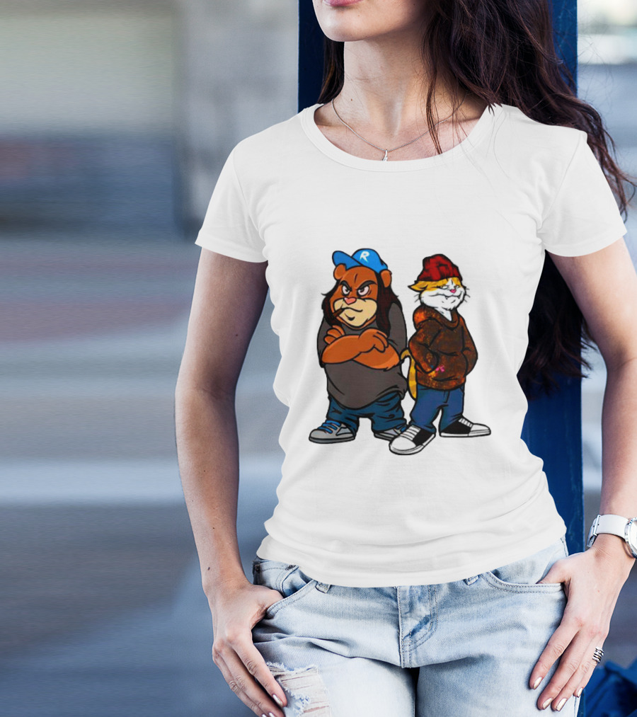 Phobik X Ratchet Cartoon Bear In Blue Cap And Cat In Red Beanie T-Shirt