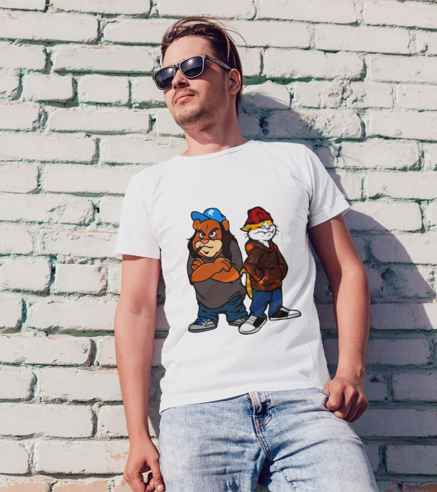 Phobik X Ratchet Cartoon Bear In Blue Cap And Cat In Red Beanie T-Shirt