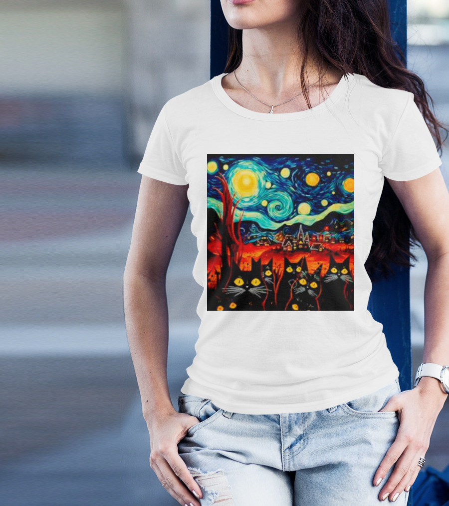 Starry Night Black Cat Van Gogh T-Shirt