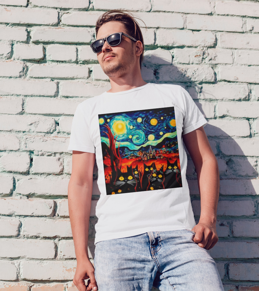 Starry Night Black Cat Van Gogh T-Shirt