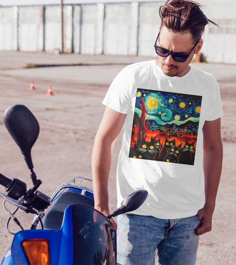 Starry Night Black Cat Van Gogh T-Shirt