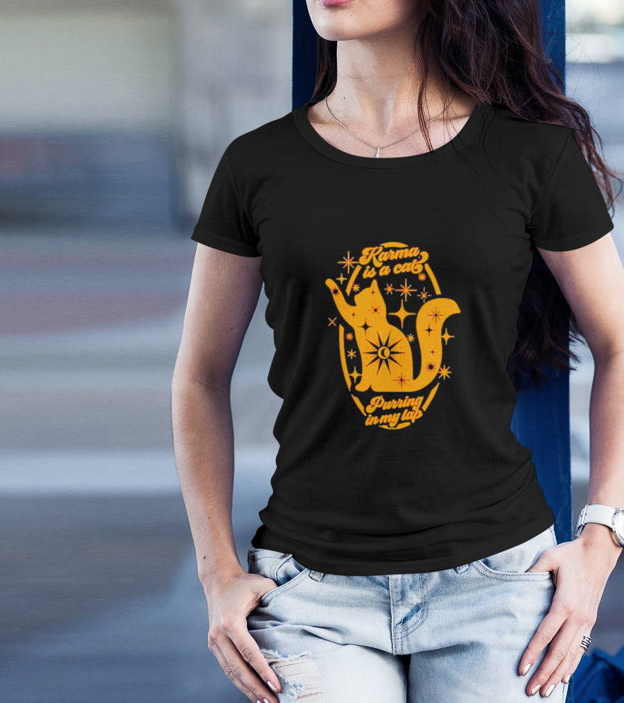 Karma Is A Cat Purring In My Lap With Celestial Stars And Moon T-Shirt