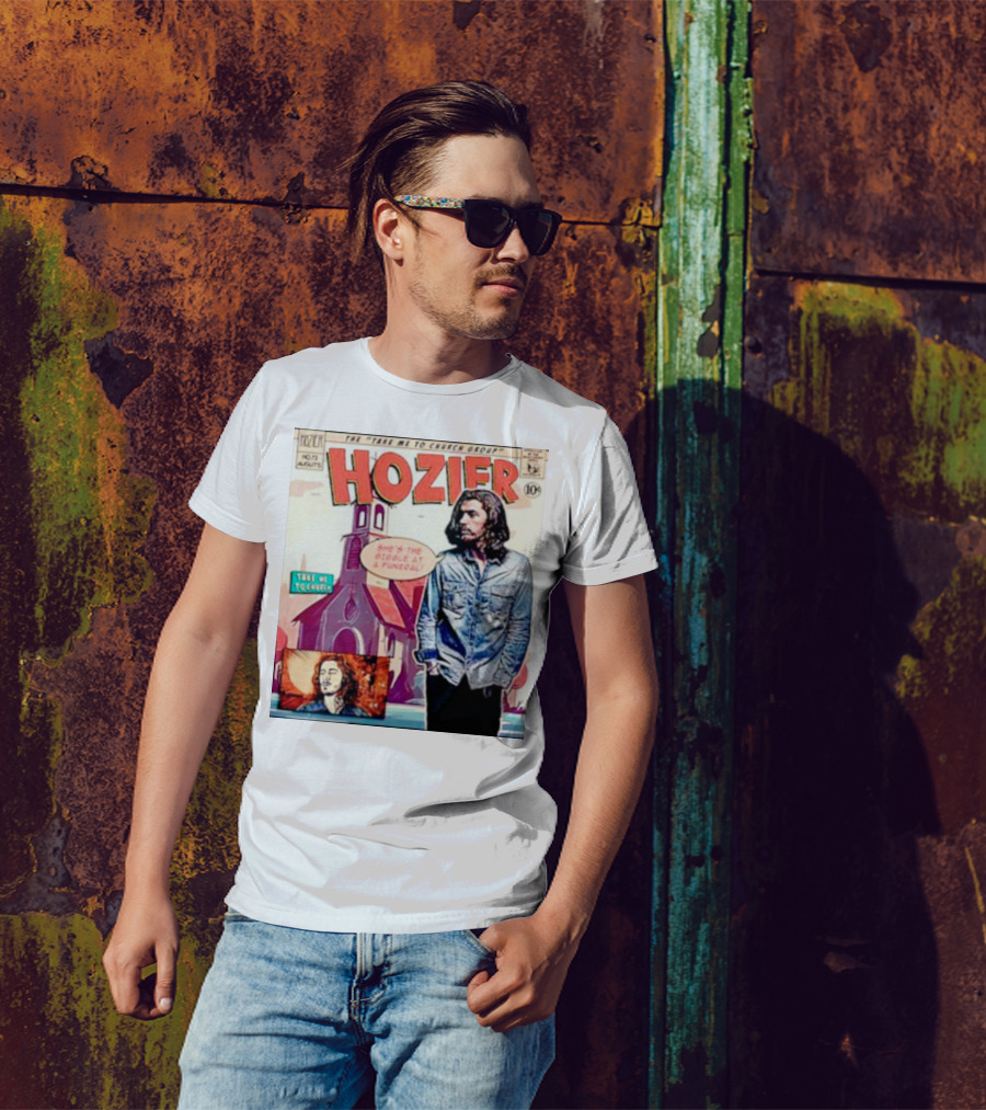 Hozier The Take Me To Church Group Comic Style With Giggle At A Funeral Text T-Shirt