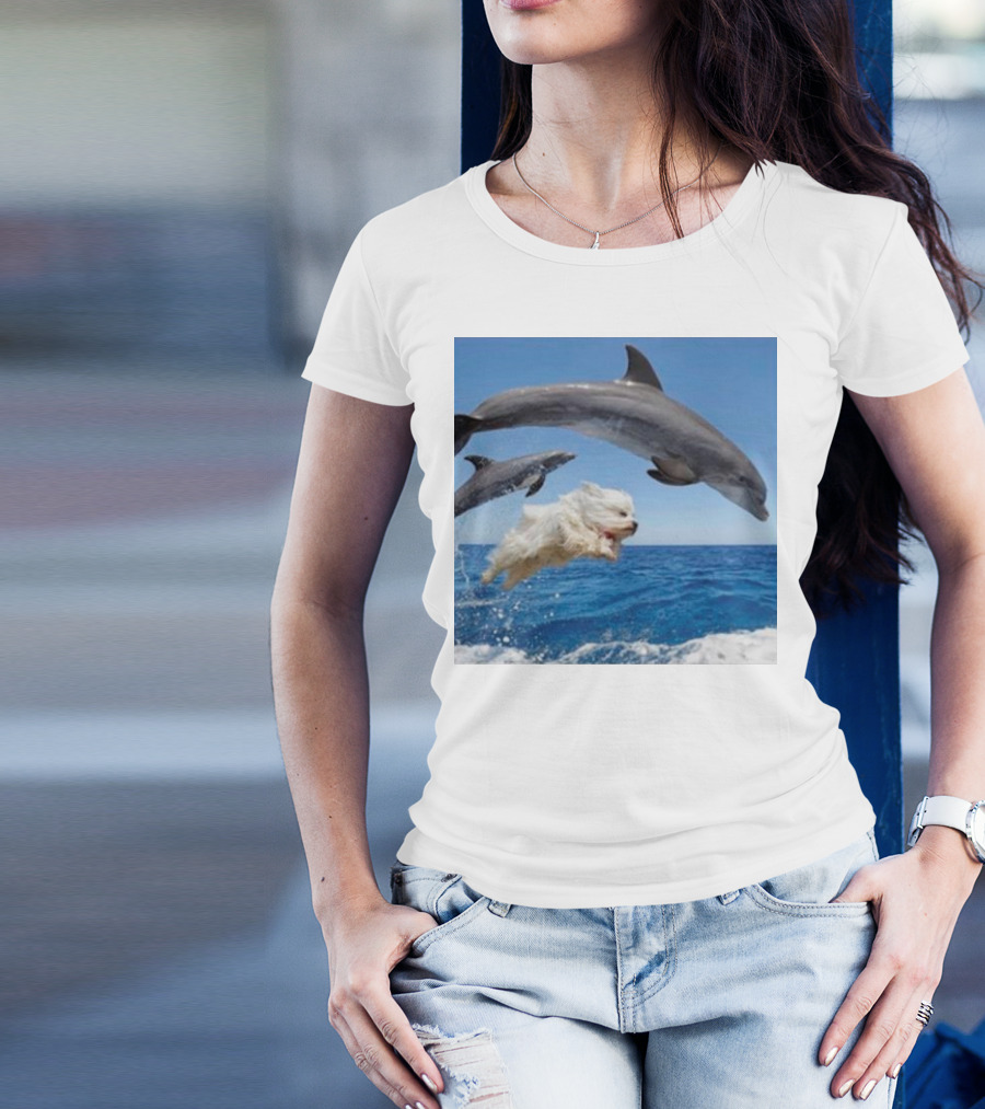 Dog Diving With Dolphins In Ocean T-Shirt