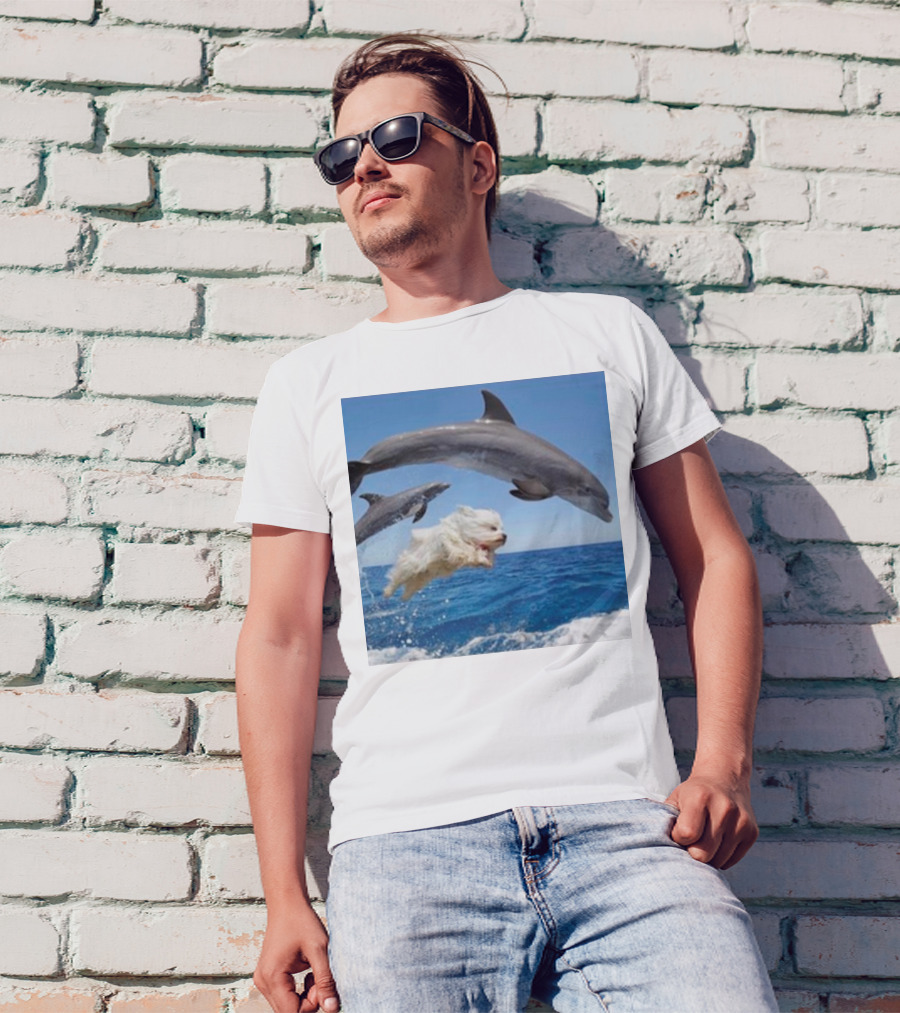 Dog Diving With Dolphins In Ocean T-Shirt