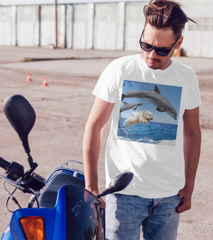 Dog Diving With Dolphins In Ocean T-Shirt