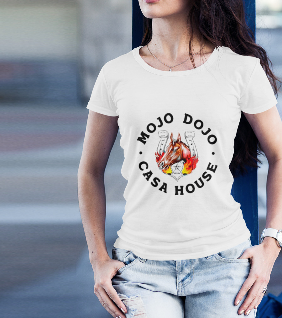 Mojo Dojo Casa House Horse With Flaming Background And Horseshoe Emblem T-Shirt