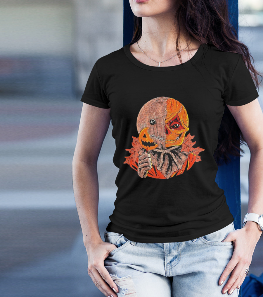 Horrors Of Halloween Trick R Treat Pumpkin Skull Mask T-Shirt