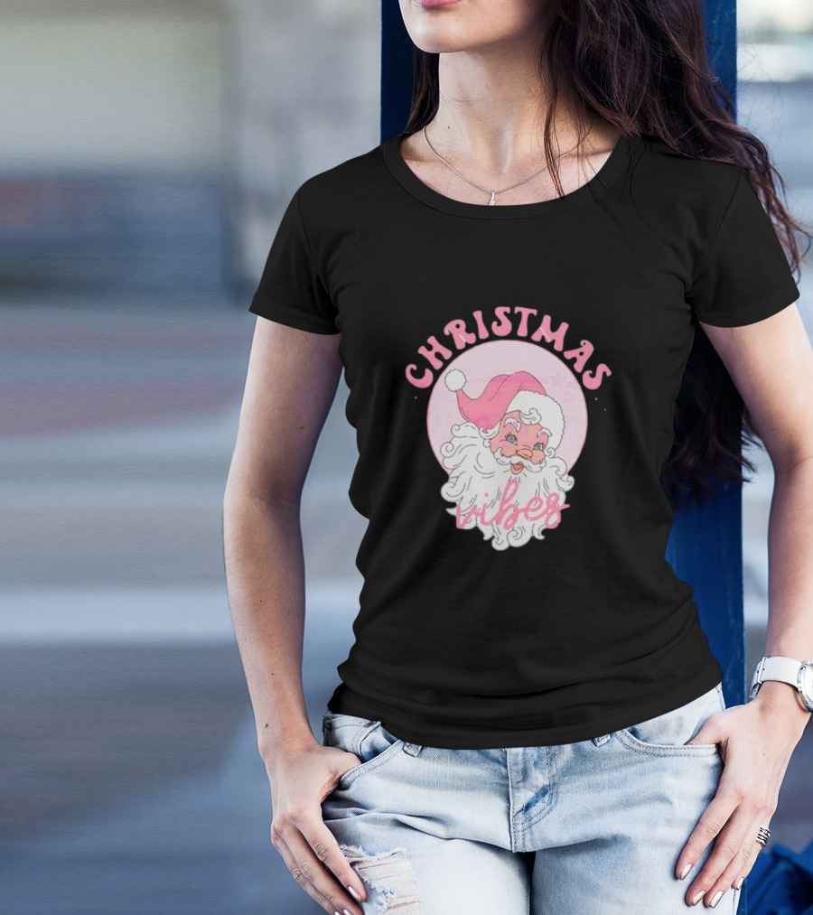 Christmas Vibes Santa Claus Pink Background T-Shirt