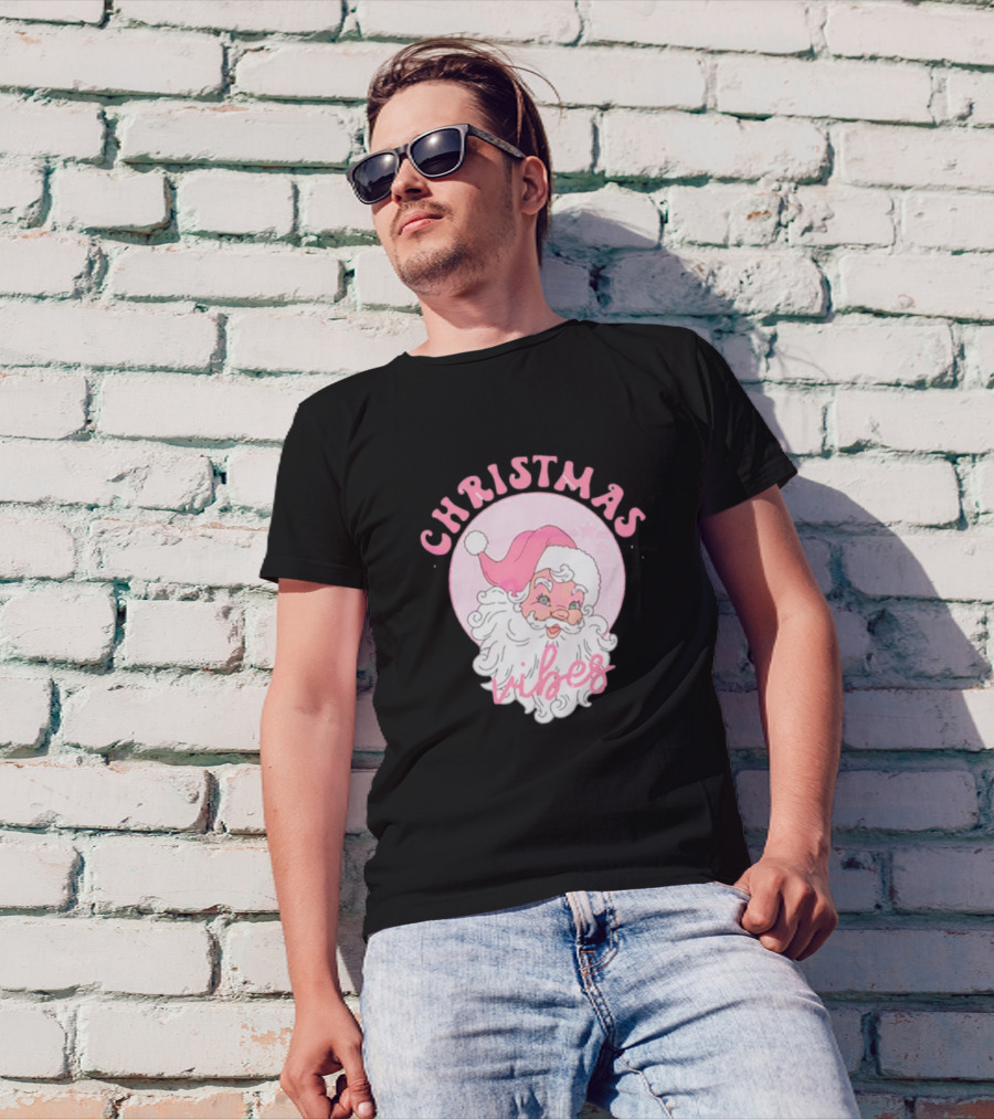 Christmas Vibes Santa Claus Pink Background T-Shirt