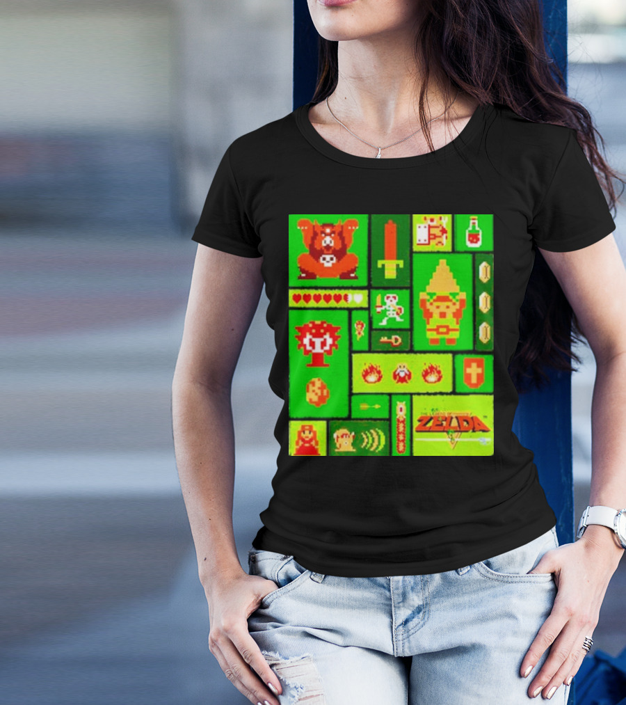 Legend Of Zelda Pixel Art Collage Retro Gaming Icons T-Shirt
