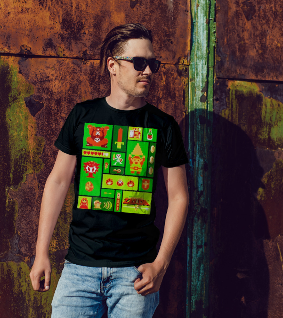 Legend Of Zelda Pixel Art Collage Retro Gaming Icons T-Shirt